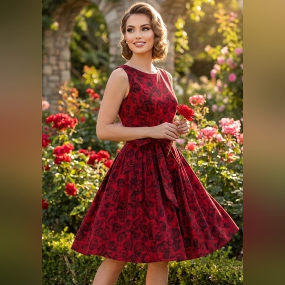 People Tree Red and Black Floral Midi Dress Size 12